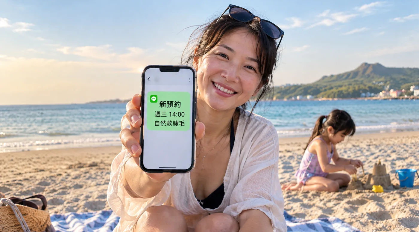 老闆在海邊陪小孩玩沙,手上手機顯示一則新預約