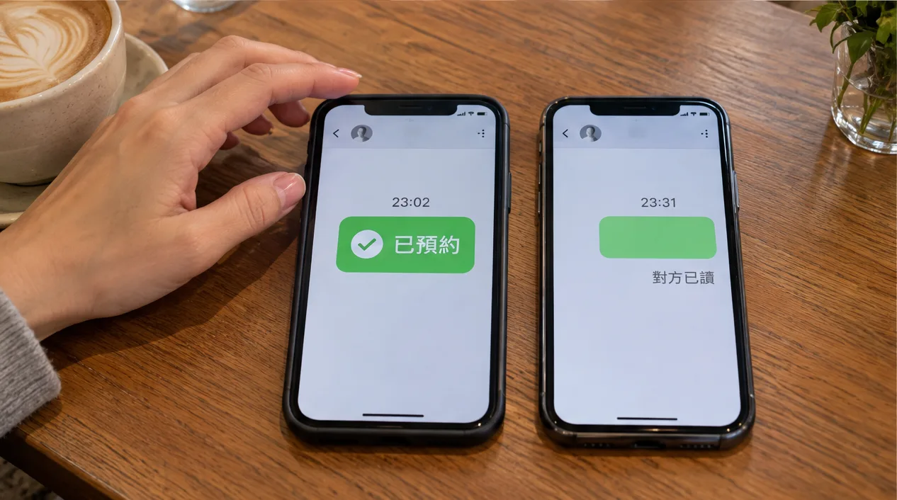 兩支手機並排,左邊 23:02 回覆並顯示已預約,右邊 23:31 才回只剩已讀