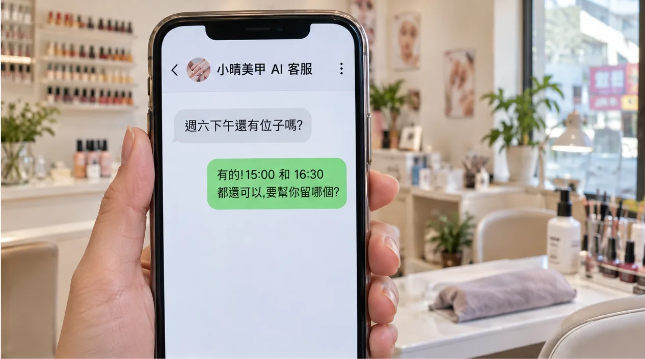 手機上的店名 AI 客服試聊頁,客人問週六下午有沒有位子,AI 回覆兩個時段